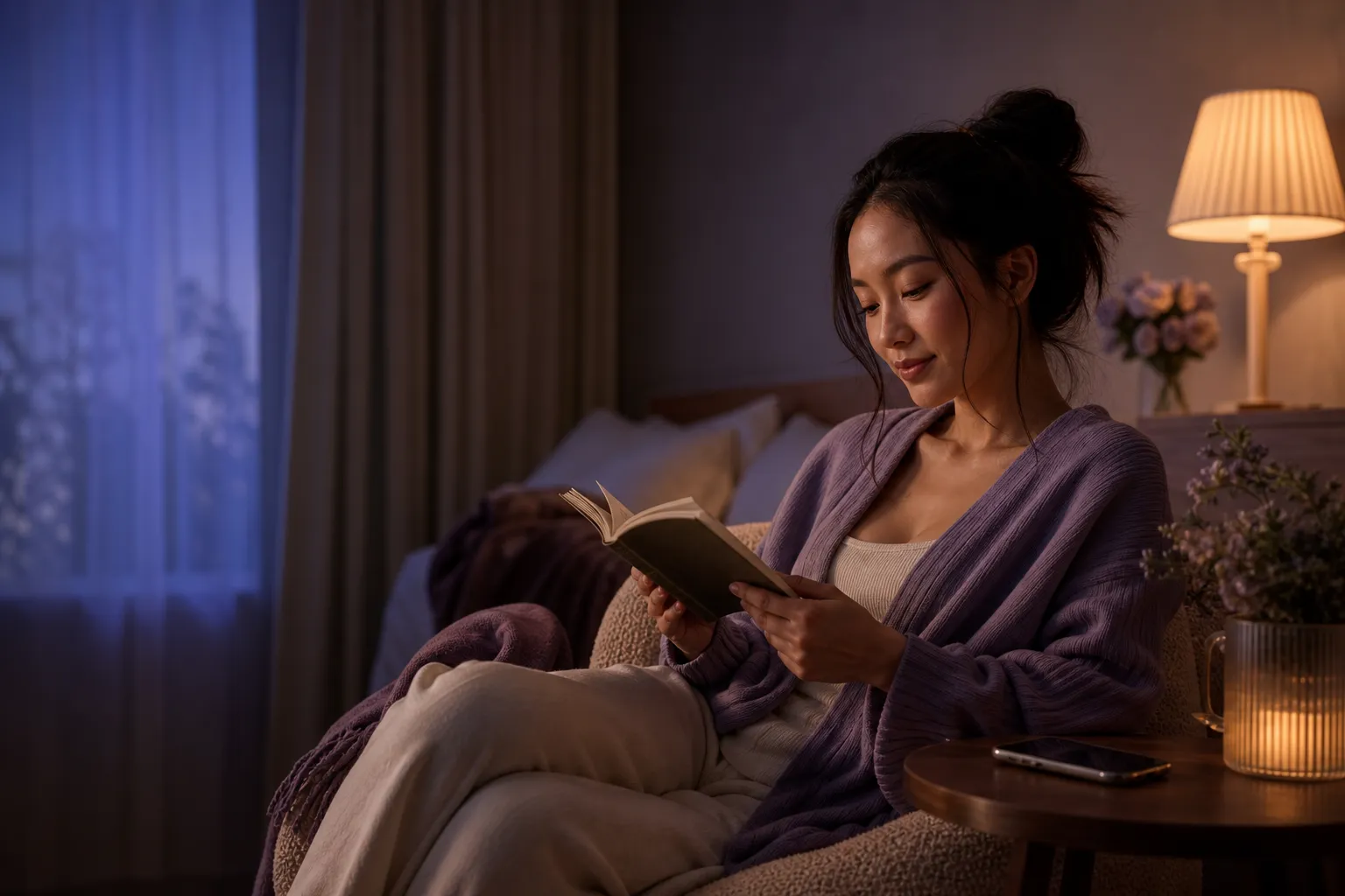A woman reading in a calm evening room with her phone resting face-down beside her